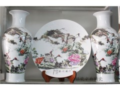 瓷器工艺品 摆件 景德镇陶瓷粉彩花瓶摆盘三件套 创意家居六鹤